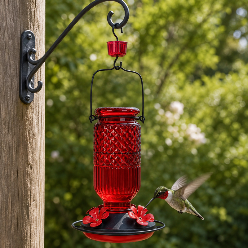 Hummingbird Feeder In Diamond-Cut Red Glass - 16 oz, 4 Metal Ports And A Full-Circle Perch