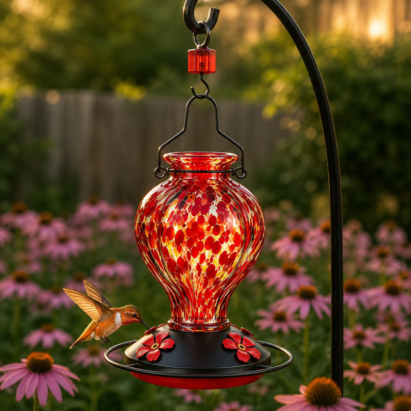 Hummingbird Feeder In Hand-Blown Speckled Glass - 24 oz, 4 Ports And A Ring Perch