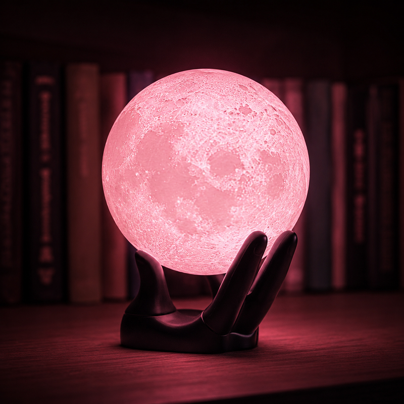 Moon Lamp On A Sculpted Hand Stand – 16 Colours, Rechargeable