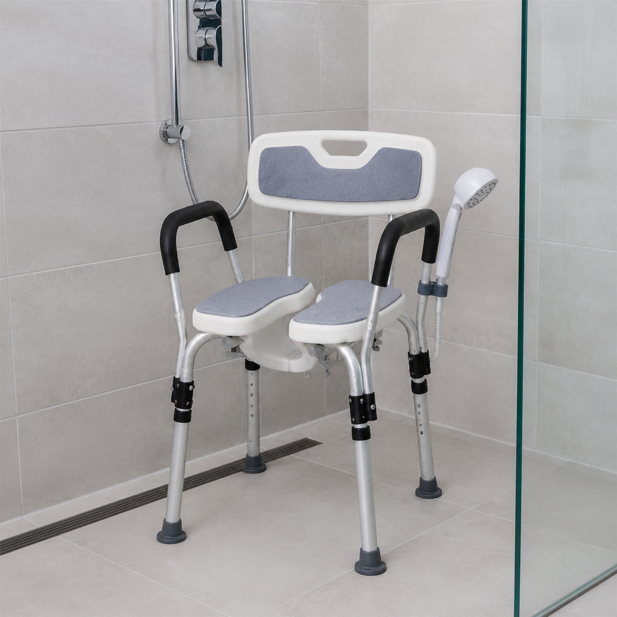 U-Shaped Seat Shower Chair – Width-Adjustable with Padded Arms