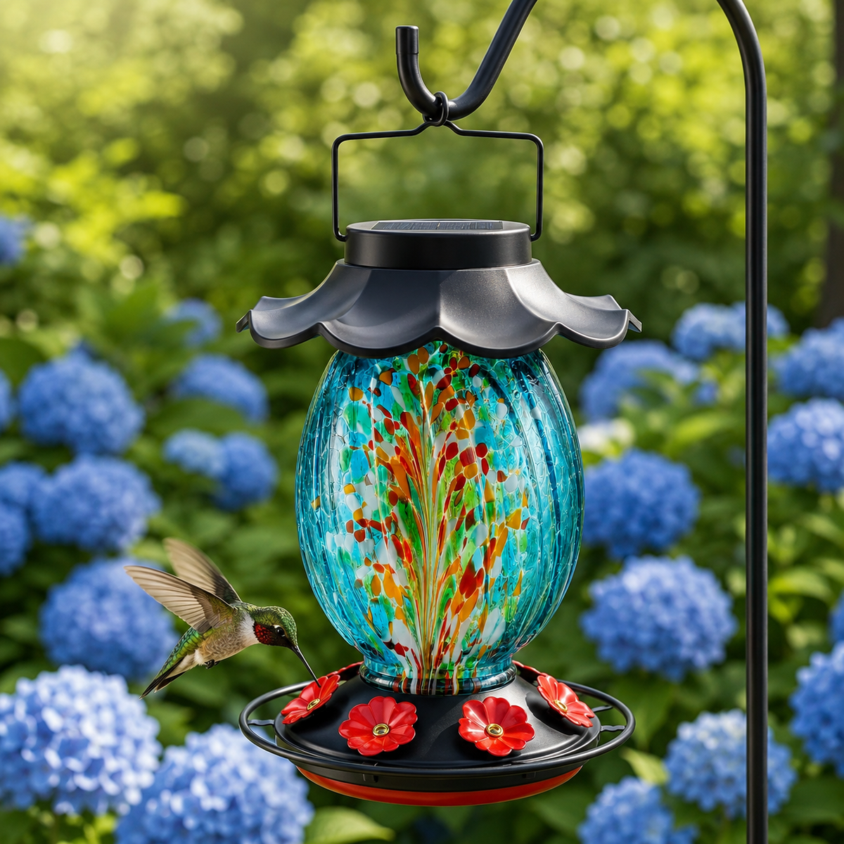 Solar Hummingbird Feeder That Lights Up At Night - 49 oz Hand-Blown Glass, 7 Ports