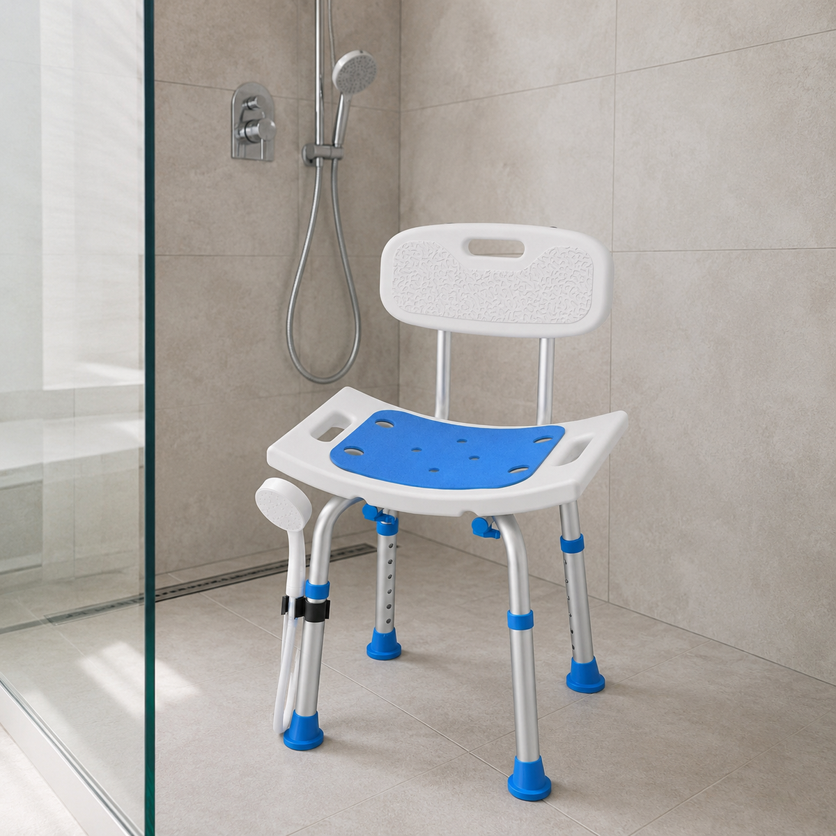Removable-Back Shower Chair – Cushioned Seat with Hose Holder
