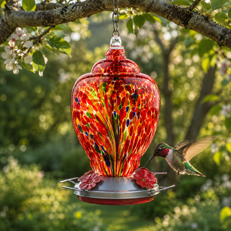 Hummingbird Feeder In Hand-Blown Firework Glass - 32 oz, Ant Moat And Brush Included
