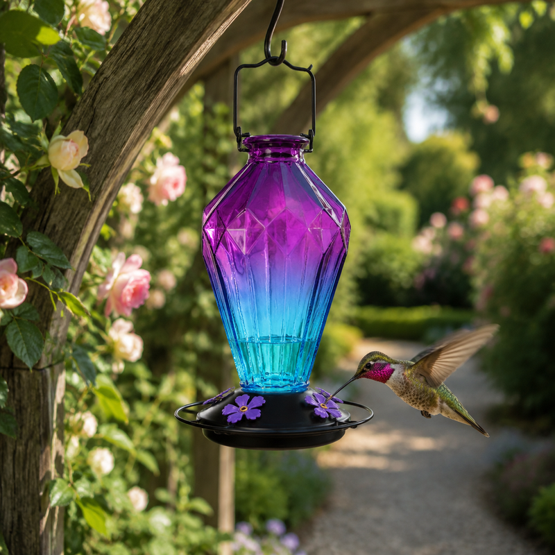 Hummingbird Feeder In Diamond-Cut Purple Glass - 25 oz, 5 Ports And A Ring Perch