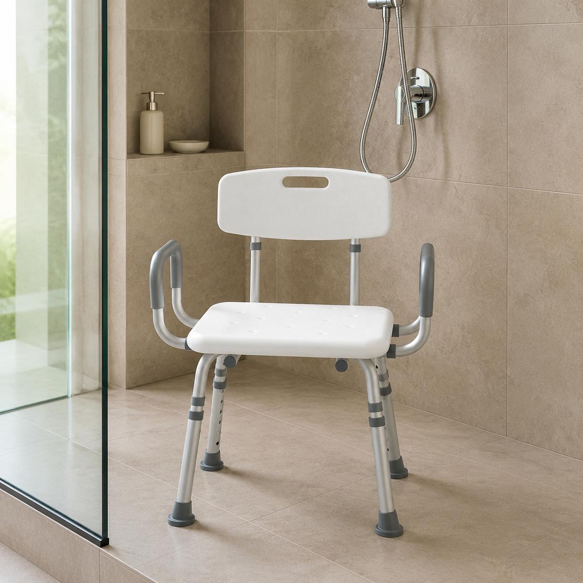 Wide-Seat Shower Chair – Padded Arms and Back on a 500 lb Frame
