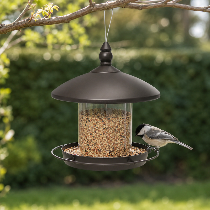 Bird Feeder With A Metal Roof And An Open 360-Degree Tray