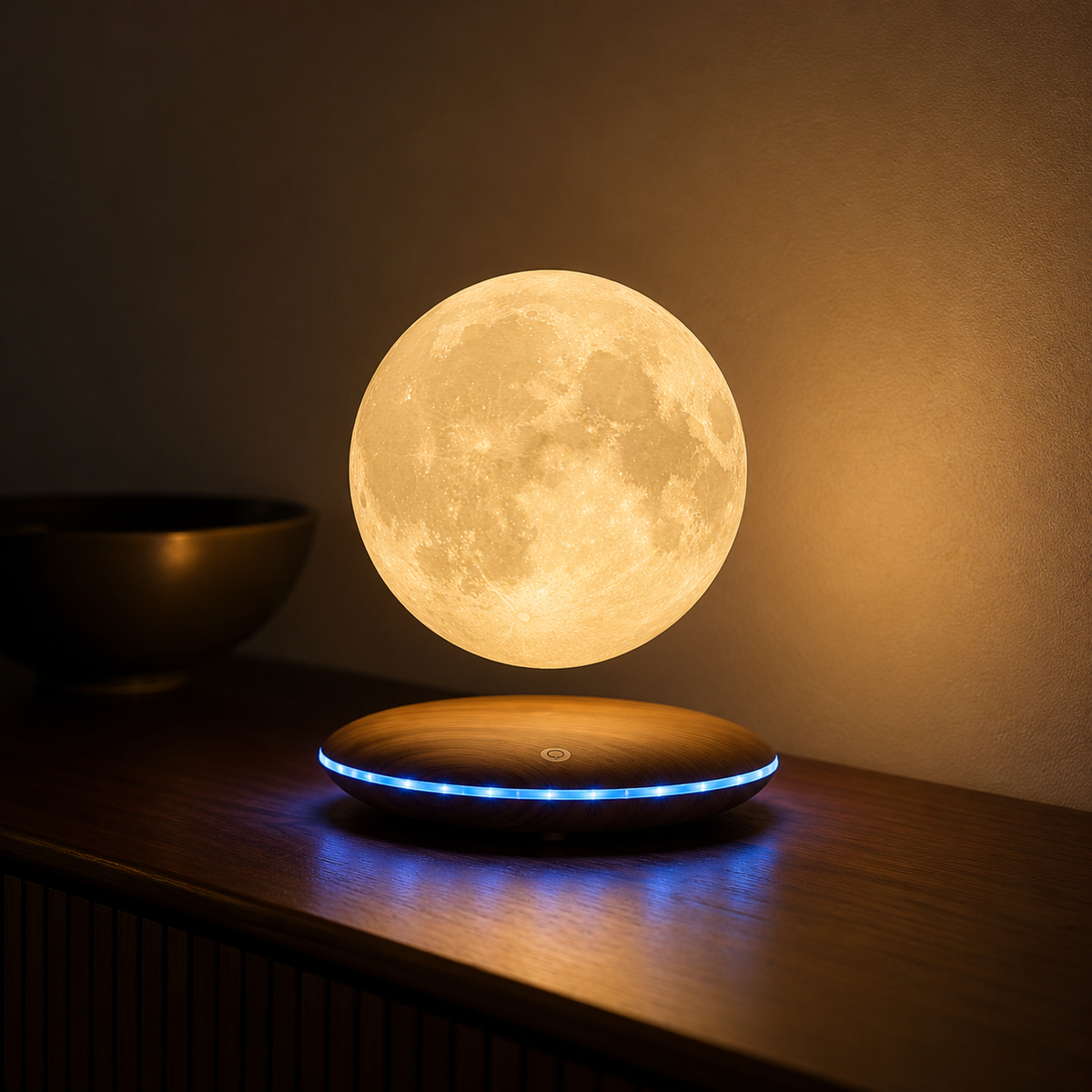 Floating Moon Lamp On A Lit Oval Base – Spins By Itself