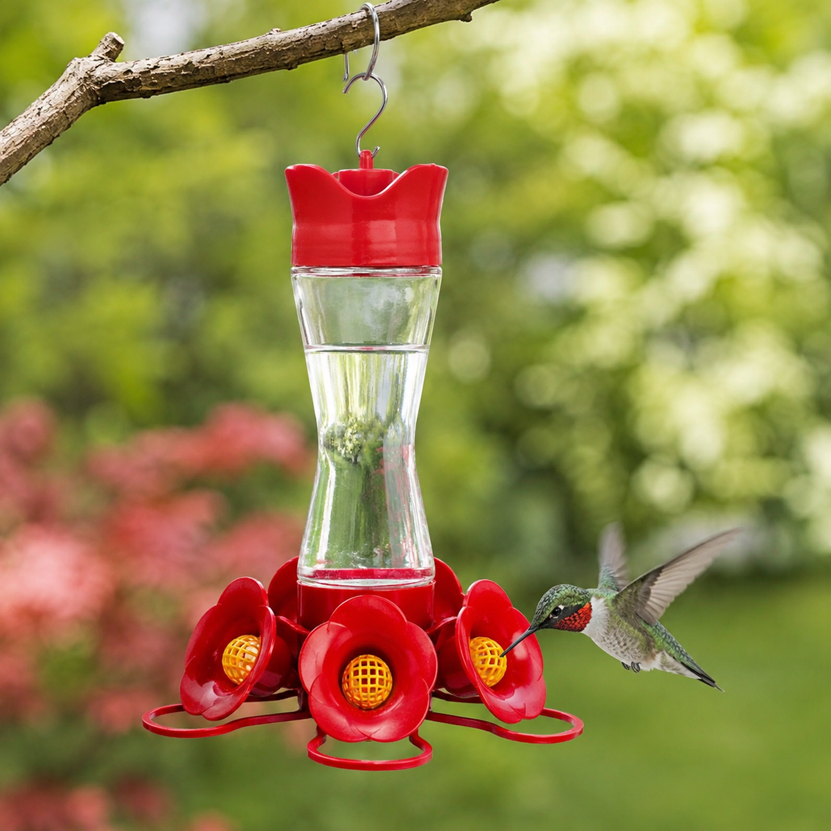 Hummingbird Feeder With A Built-In Ant Moat - 8 oz Glass, 4 Ports And Bee Guards