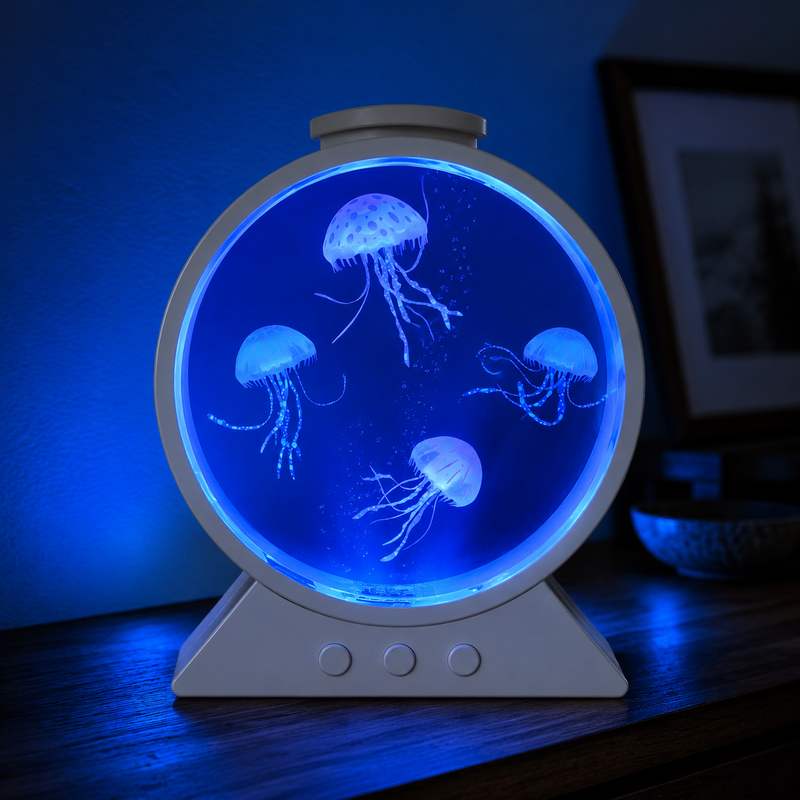 Jellyfish Lamp – A Wide Round Tank With Four Jellyfish And 7 Colours