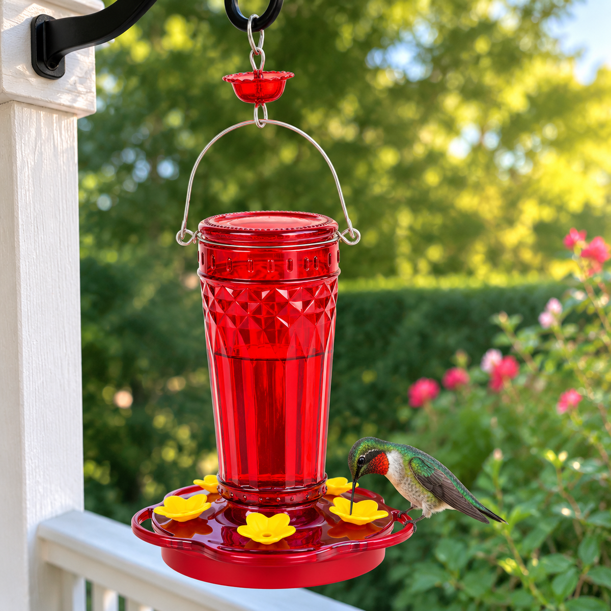 Hummingbird Feeder With 3 mm Bee Guards - 14 oz Glass, 5 Ports And An Ant Moat