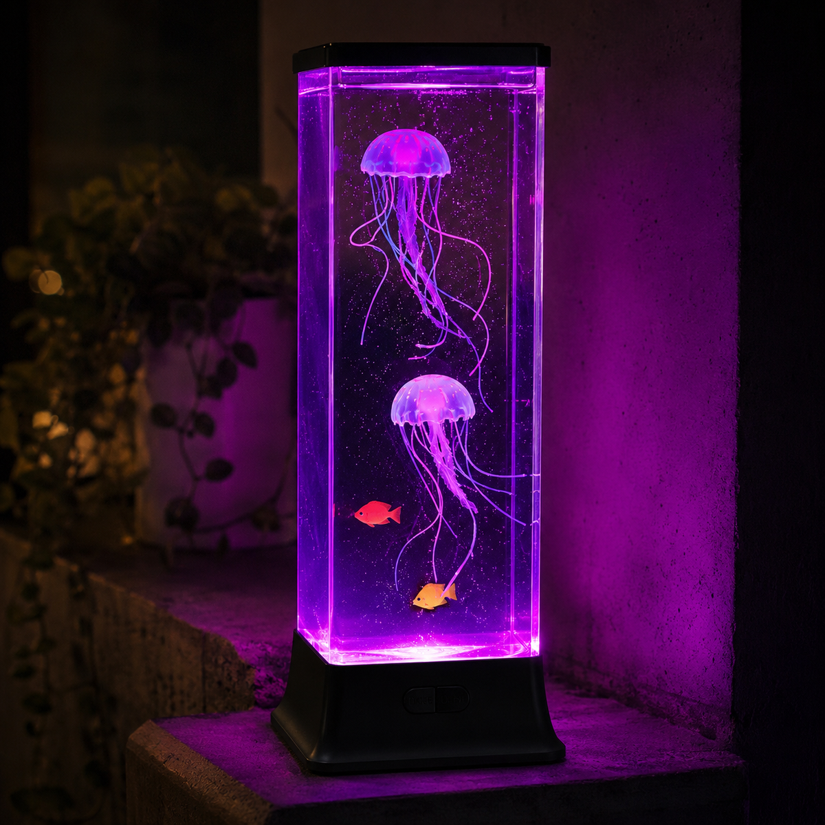 Jellyfish Lamp – A Square Tower Tank With Two Jellyfish And Two Fish