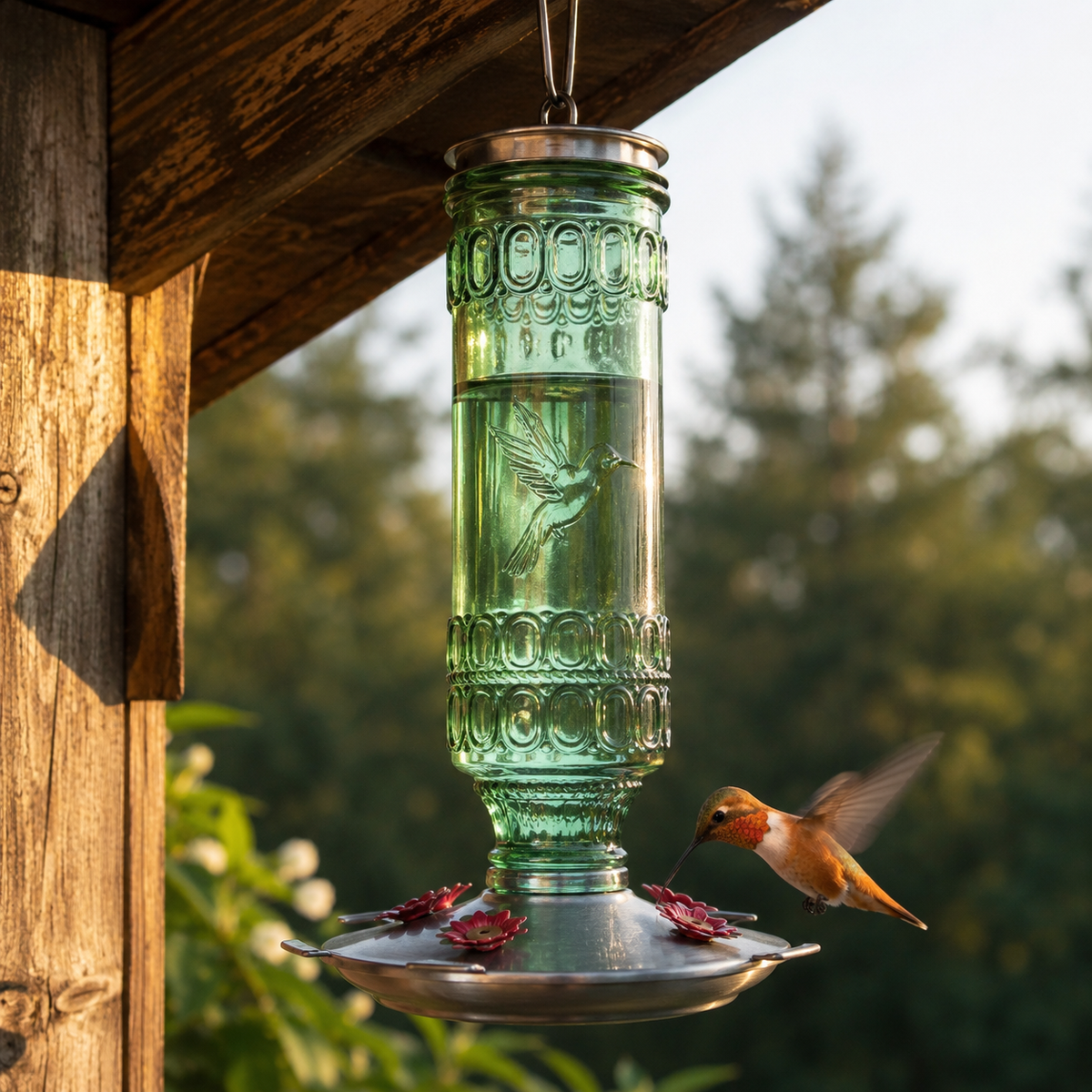 Hummingbird Feeder In Antique Green Glass - 10 oz With A Bird Pressed Into The Bottle