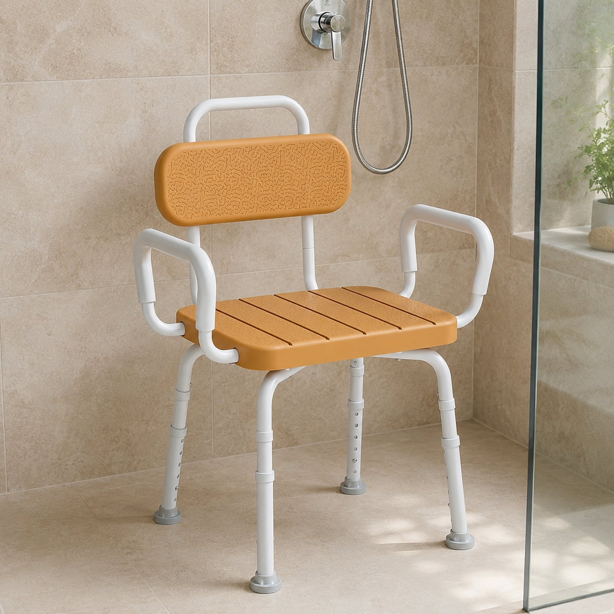 Slatted-Seat Swivel Shower Chair – 360° Seat with Padded Arms