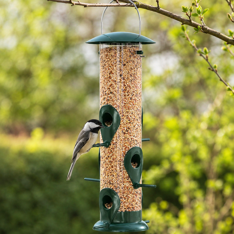 Bird Feeder With Six Metal Ports - 13-Inch Tube, Metal Lid And Base